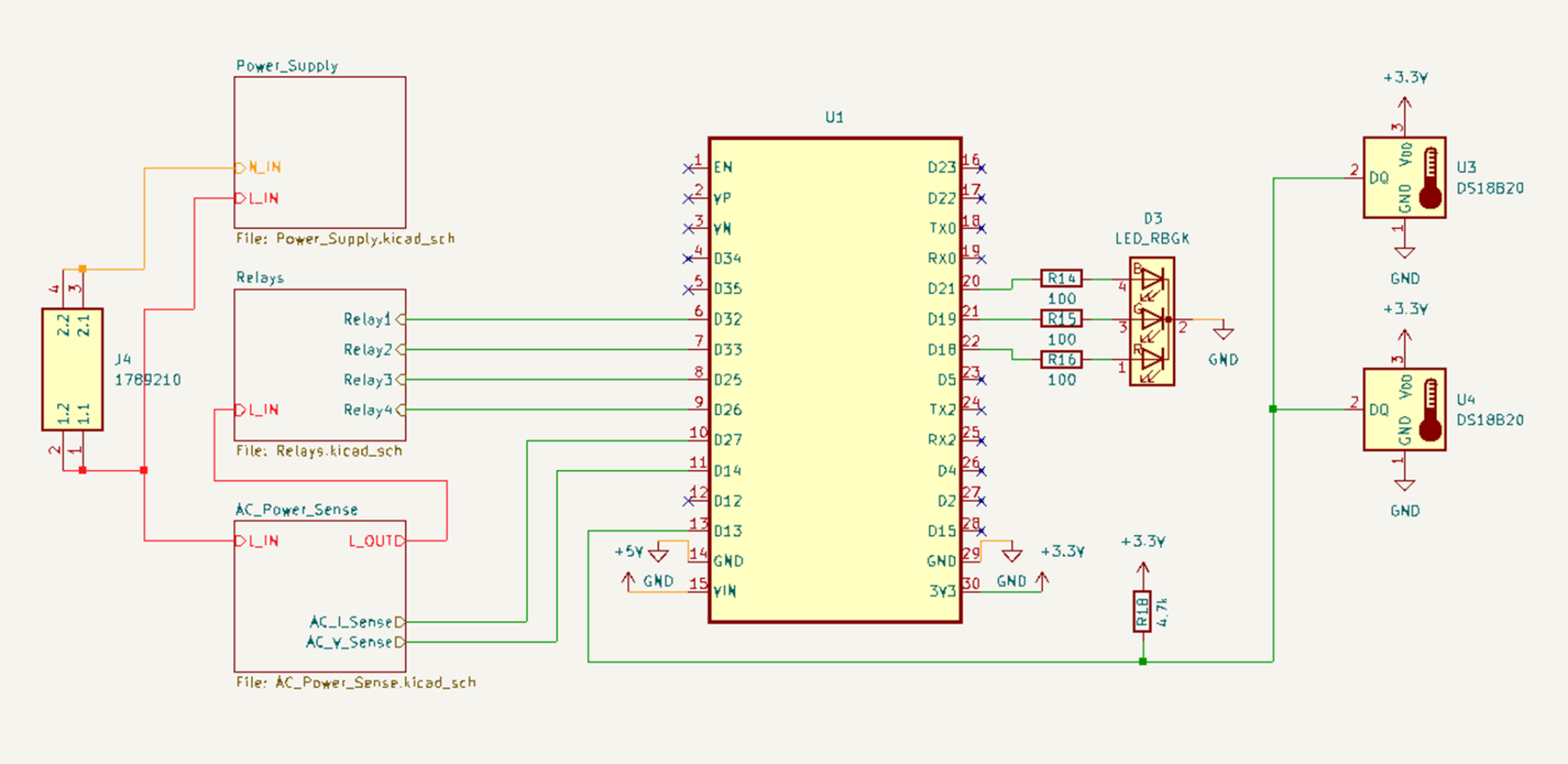 Electrical schematic (KiCad): ESP32 core + power conversion + relay outputs.