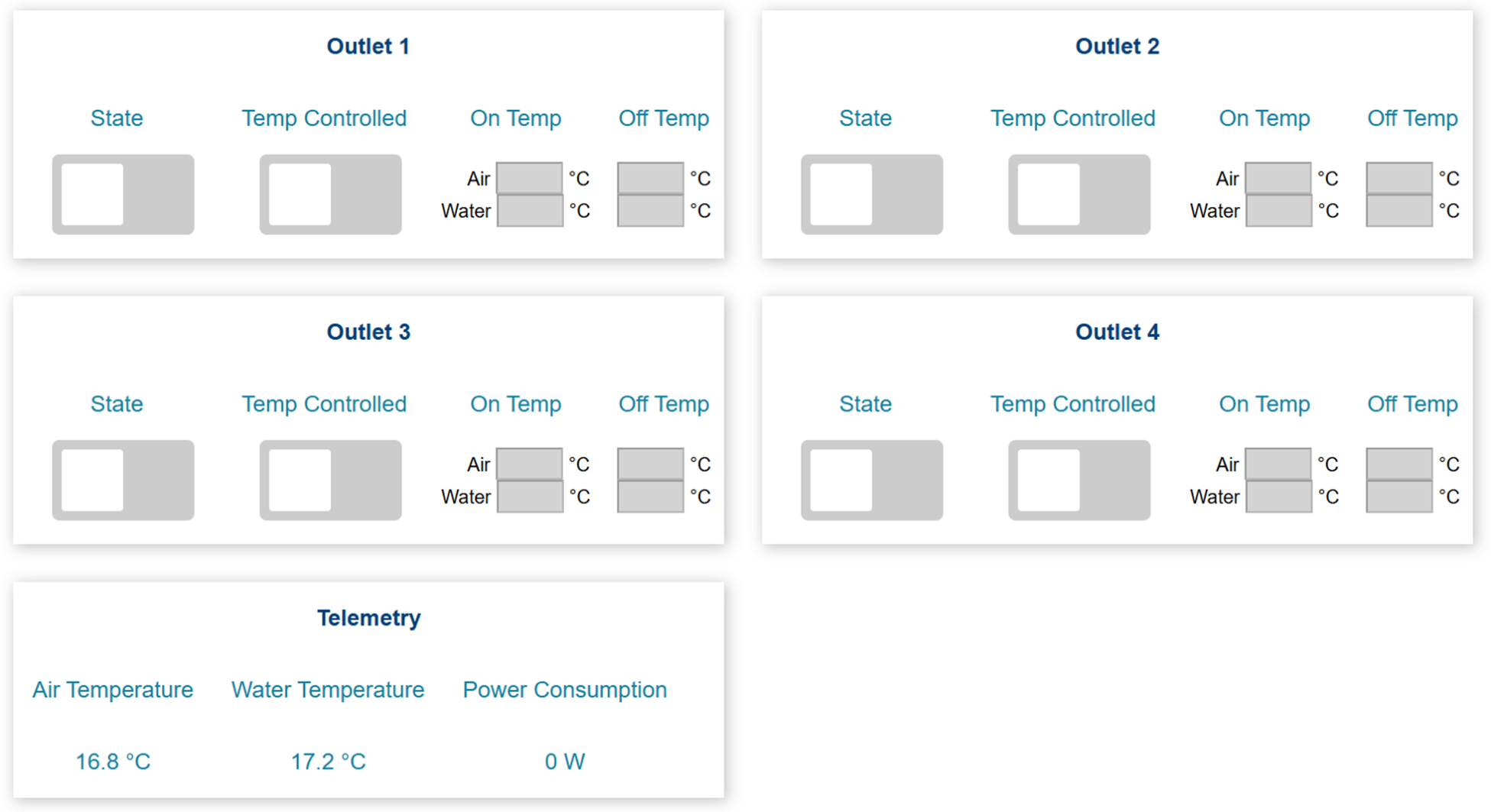 Web UI: per-output control modes + temperature/telemetry readouts.