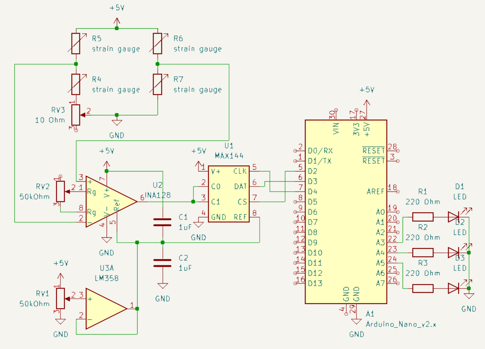 System schematic: bridge, instrumentation amp, reference buffering, ADC interface, MCU readout.